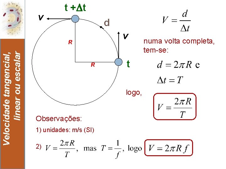 v t + t d v Velocidade tangencial, linear ou escalar R 6 R