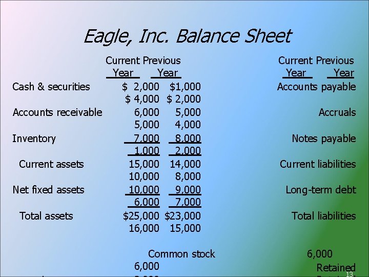 Eagle, Inc. Balance Sheet Current Previous Year Cash & securities $ 2, 000 $1,