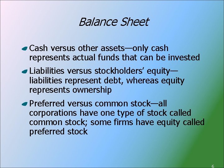 Balance Sheet Cash versus other assets—only cash represents actual funds that can be invested