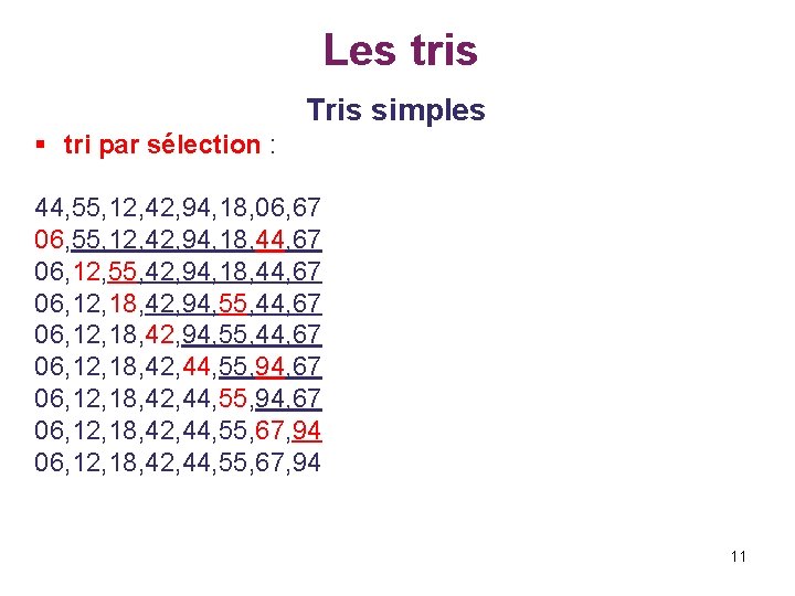 Les tris Tris simples § tri par sélection : 44, 55, 12, 42, 94,