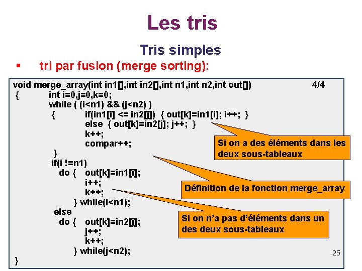 Les tris Tris simples § tri par fusion (merge sorting): void merge_array(int in 1[],