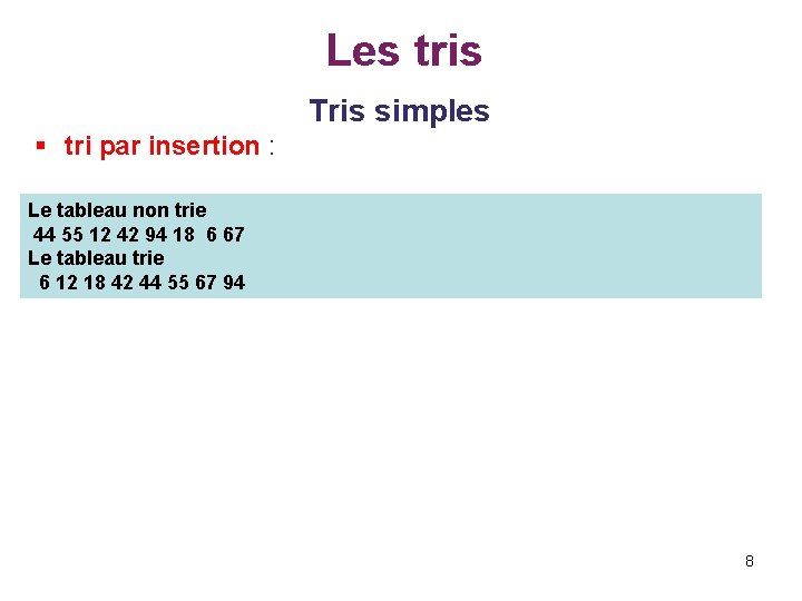 Les tris Tris simples § tri par insertion : Le tableau non trie 44
