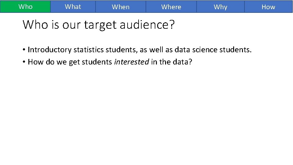Who What When Where Why Who is our target audience? • Introductory statistics students, Who What When Where Why Who is our target audience? • Introductory statistics students,