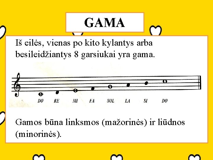 GAMA Iš eilės, vienas po kito kylantys arba besileidžiantys 8 garsiukai yra gama. Gamos