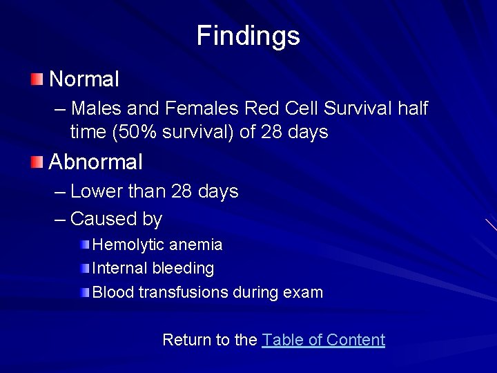 Findings Normal – Males and Females Red Cell Survival half time (50% survival) of
