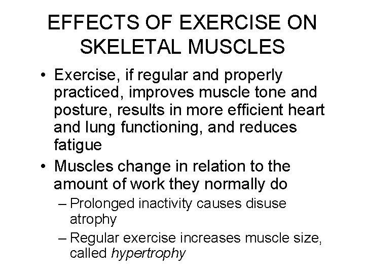 EFFECTS OF EXERCISE ON SKELETAL MUSCLES • Exercise, if regular and properly practiced, improves