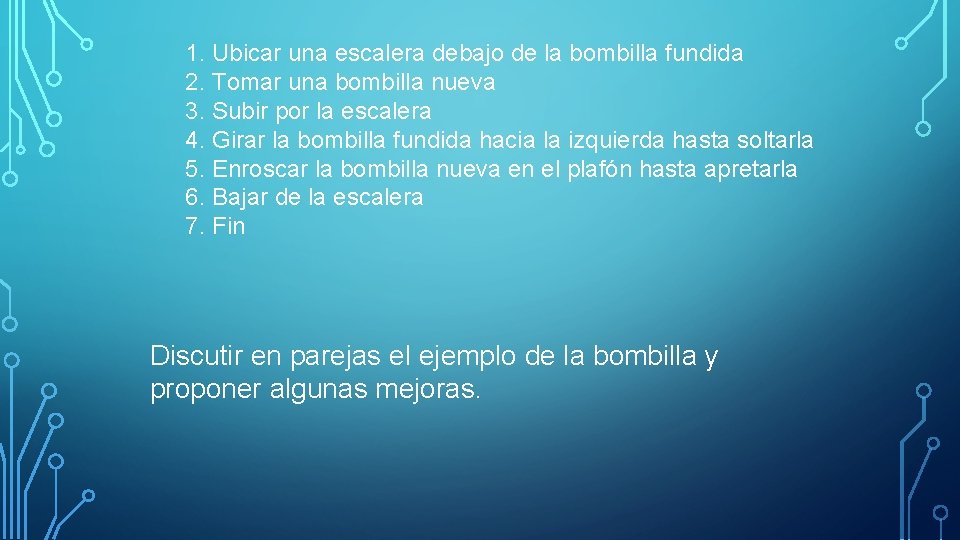 1. Ubicar una escalera debajo de la bombilla fundida 2. Tomar una bombilla nueva