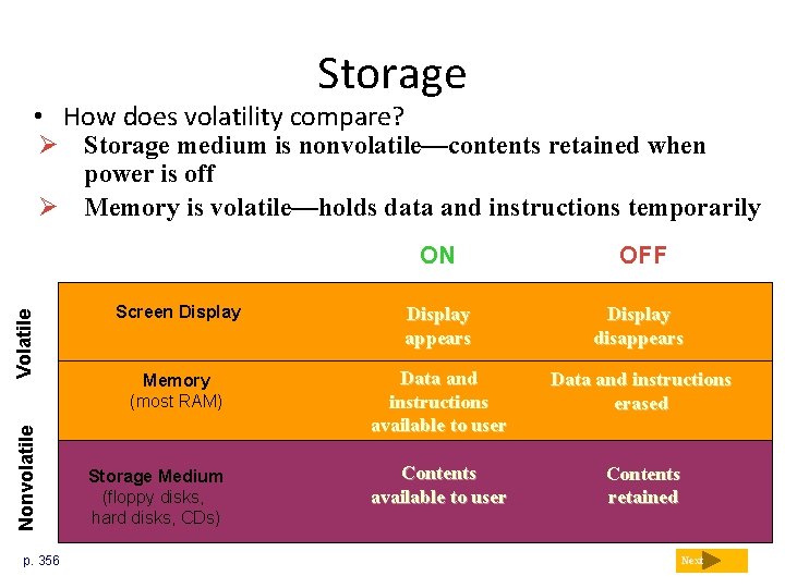 Storage • How does volatility compare? Nonvolatile Volatile Ø Storage medium is nonvolatile—contents retained