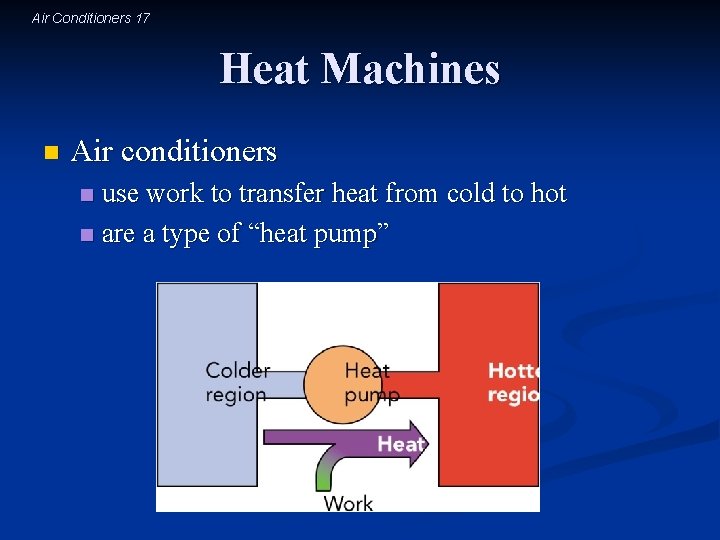 Air Conditioners 17 Heat Machines n Air conditioners use work to transfer heat from