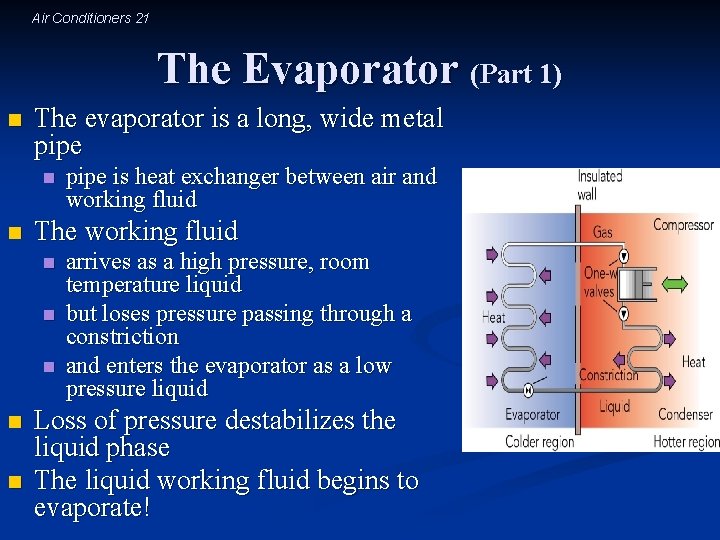 Air Conditioners 21 The Evaporator (Part 1) n The evaporator is a long, wide