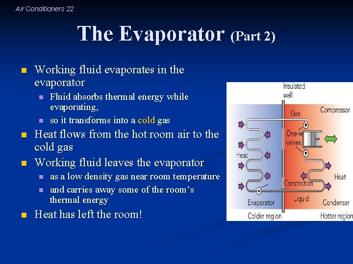 Air Conditioners 22 The Evaporator (Part 2) n Working fluid evaporates in the evaporator