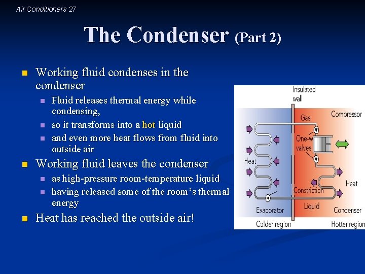 Air Conditioners 27 The Condenser (Part 2) n Working fluid condenses in the condenser