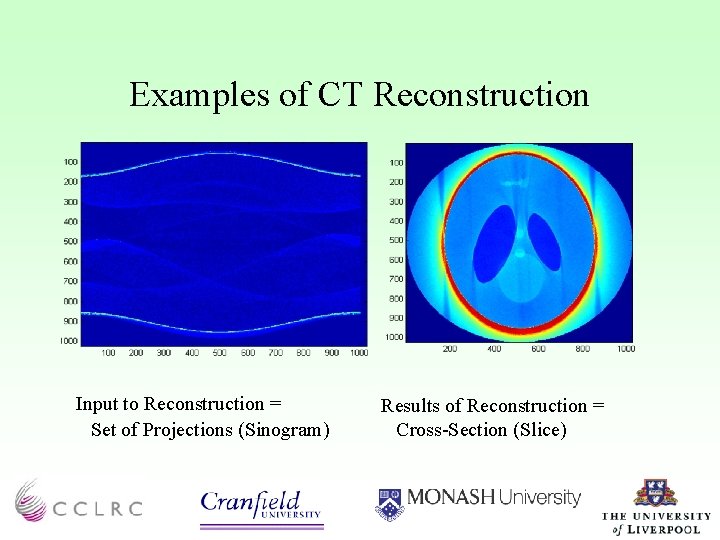 Examples of CT Reconstruction Input to Reconstruction = Set of Projections (Sinogram) Results of