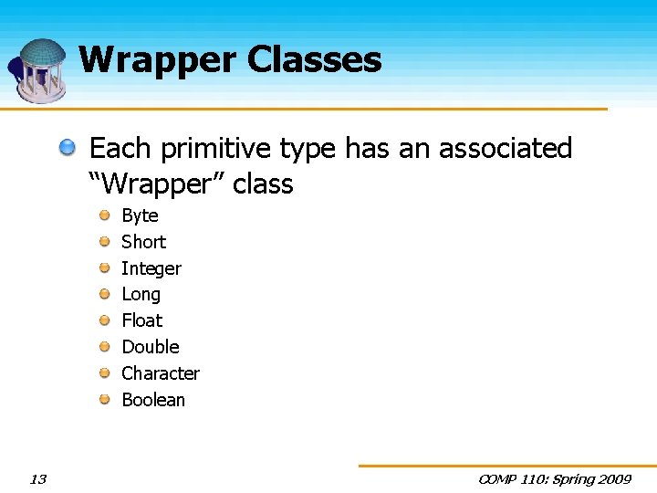 Wrapper Classes Each primitive type has an associated “Wrapper” class Byte Short Integer Long