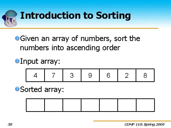 Introduction to Sorting Given an array of numbers, sort the numbers into ascending order
