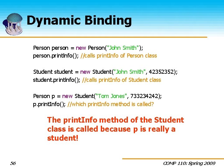 Dynamic Binding Person person = new Person("John Smith"); person. printlnfo(); //calls print. Info of