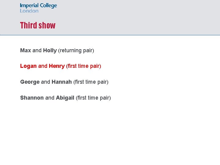 Third show Max and Holly (returning pair) Logan and Henry (first time pair) George