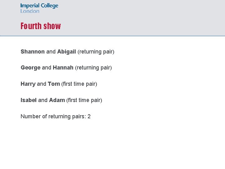 Fourth show Shannon and Abigail (returning pair) George and Hannah (returning pair) Harry and