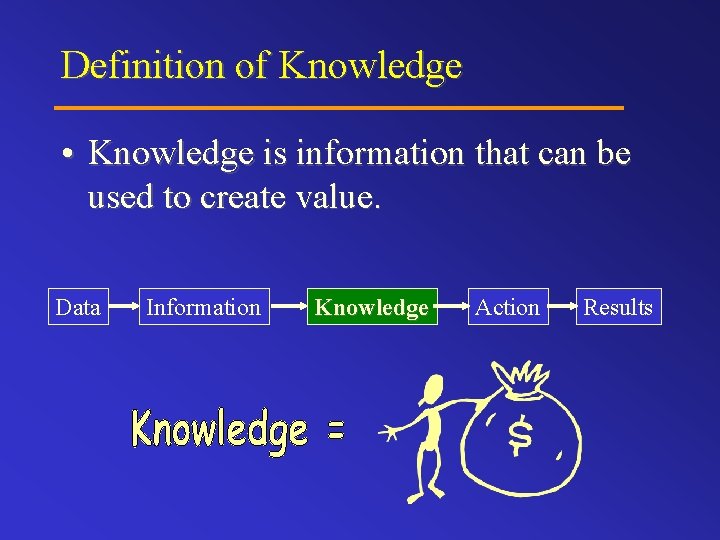 Definition of Knowledge • Knowledge is information that can be used to create value.