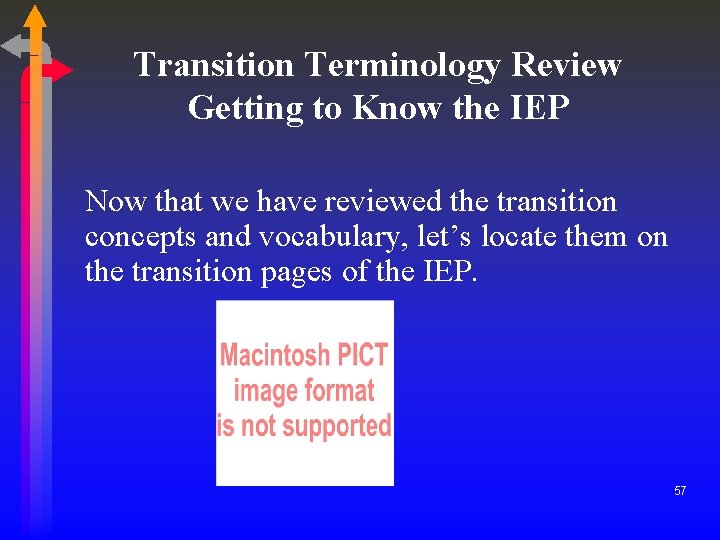 Transition Terminology Review Getting to Know the IEP Now that we have reviewed the