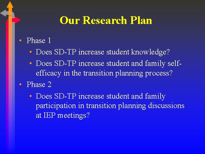 Our Research Plan • Phase 1 • Does SD-TP increase student knowledge? • Does
