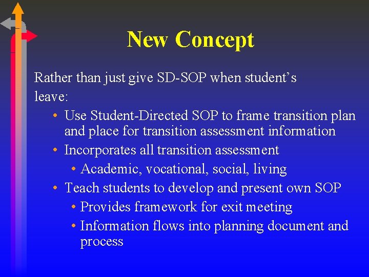 New Concept Rather than just give SD-SOP when student’s leave: • Use Student-Directed SOP