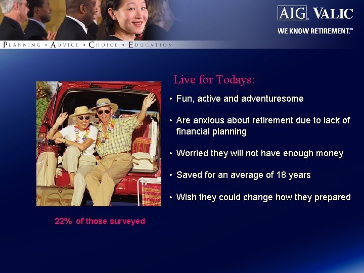 Live for Todays: • Fun, active and adventuresome • Are anxious about retirement due