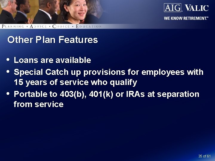 Other Plan Features Loans are available Special Catch up provisions for employees with 15