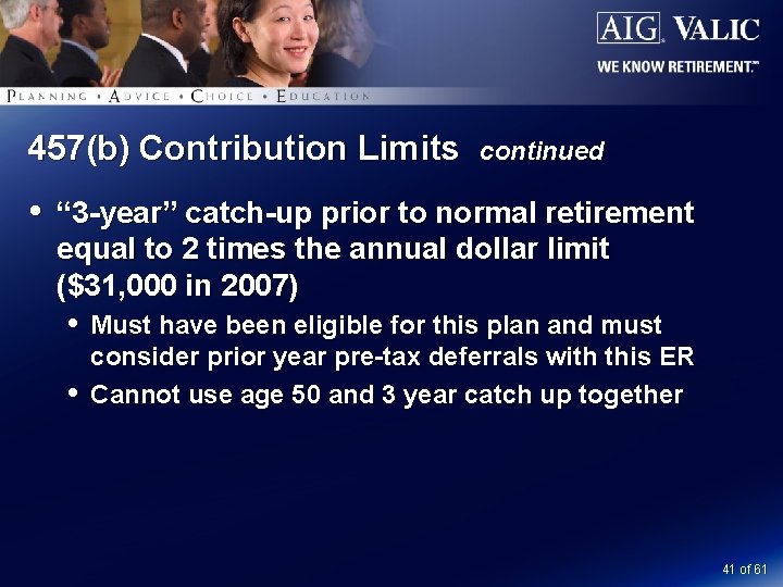 457(b) Contribution Limits continued “ 3 -year” catch-up prior to normal retirement equal to
