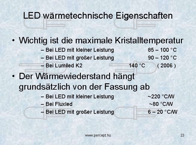 LED wärmetechnische Eigenschaften • Wichtig ist die maximale Kristalltemperatur – Bei LED mit kleiner