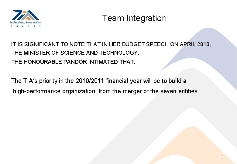 Team Integration IT IS SIGNIFICANT TO NOTE THAT IN HER BUDGET SPEECH ON APRIL