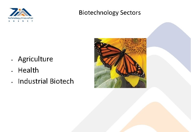 Biotechnology Sectors • • • Agriculture Health Industrial Biotech 