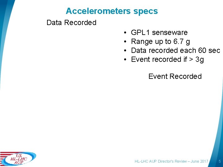 Accelerometers specs Data Recorded • • GPL 1 senseware Range up to 6. 7