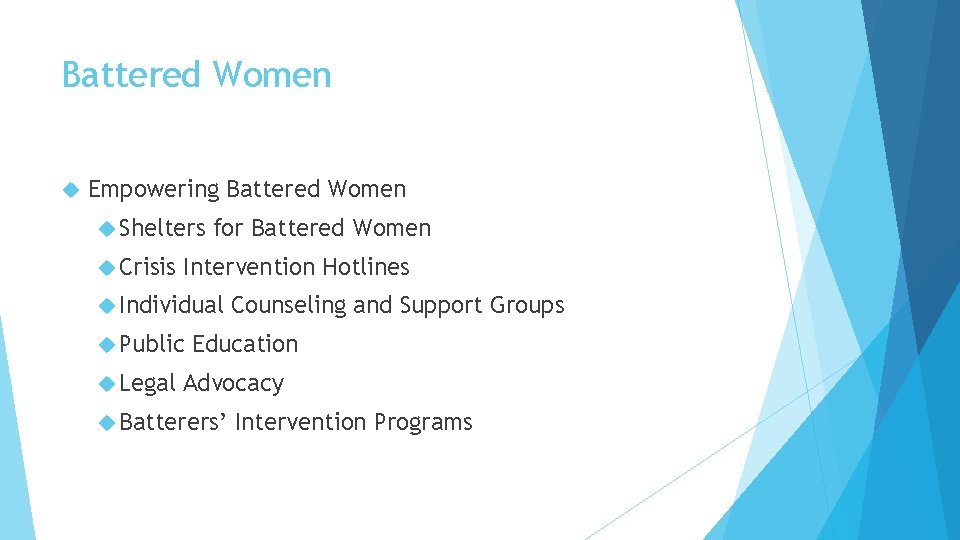 Battered Women Empowering Battered Women Shelters Crisis for Battered Women Intervention Hotlines Individual Public