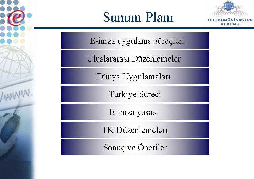 Sunum Planı E-imza uygulama süreçleri Uluslararası Düzenlemeler Dünya Uygulamaları Türkiye Süreci E-imza yasası TK
