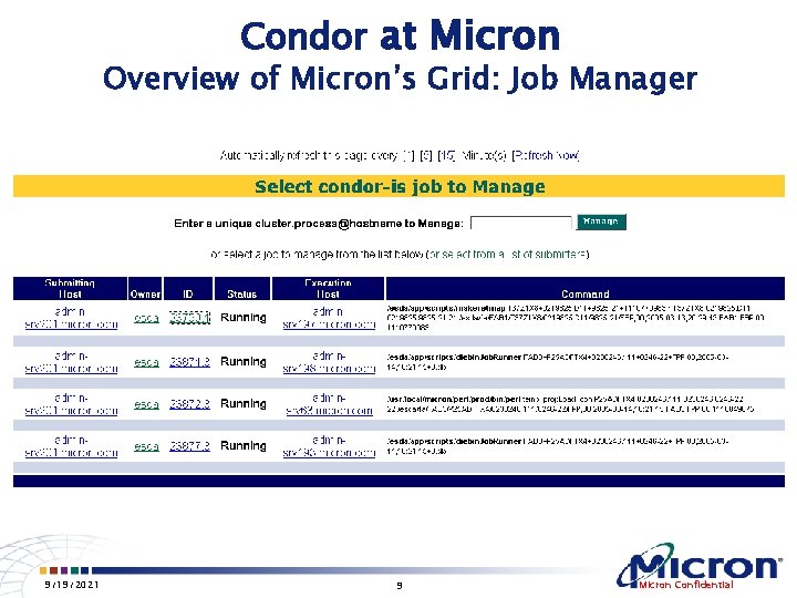 Condor at Micron Overview of Micron’s Grid: Job Manager 9/19/2021 9 Micron Confidential 