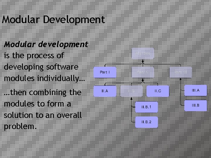 Modular Development Modular development is the process of developing software modules individually… …then combining