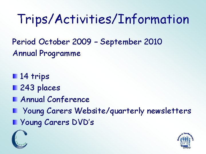 Trips/Activities/Information Period October 2009 – September 2010 Annual Programme 14 trips 243 places Annual