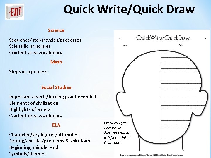 Quick Write/Quick Draw Science Sequence/steps/cycles/processes Scientific principles Content-area vocabulary Math Steps in a process