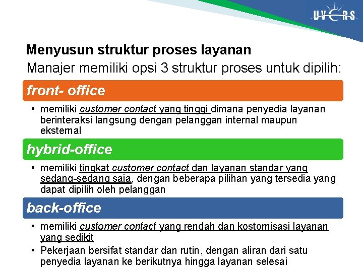 Menyusun struktur proses layanan Manajer memiliki opsi 3 struktur proses untuk dipilih: front- office