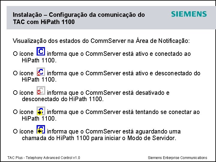 Instalação – Configuração da comunicação do TAC com Hi. Path 1100 Visualização dos estados