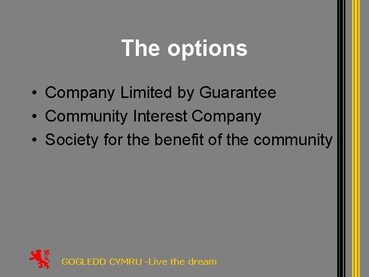 The options • Company Limited by Guarantee • Community Interest Company • Society for