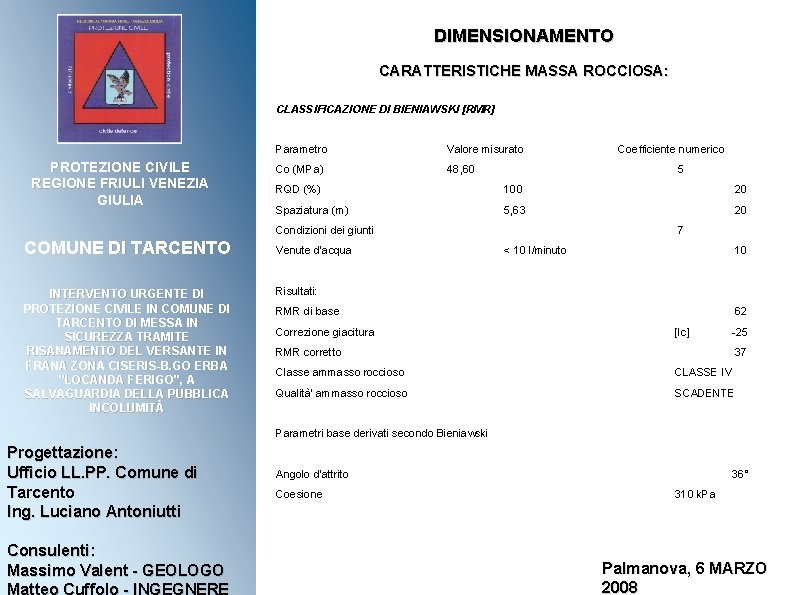 DIMENSIONAMENTO CARATTERISTICHE MASSA ROCCIOSA: CLASSIFICAZIONE DI BIENIAWSKI [RMR] PROTEZIONE CIVILE REGIONE FRIULI VENEZIA GIULIA