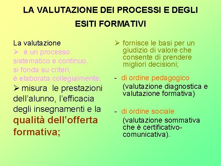 LA VALUTAZIONE DEI PROCESSI E DEGLI ESITI FORMATIVI La valutazione è un processo sistematico