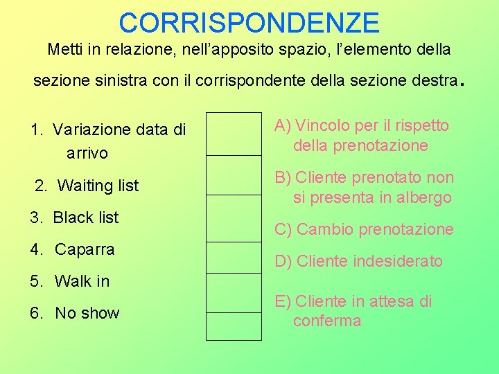 CORRISPONDENZE Metti in relazione, nell’apposito spazio, l’elemento della sezione sinistra con il corrispondente della