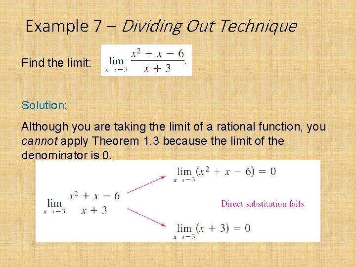 Example 7 – Dividing Out Technique Find the limit: Solution: Although you are taking