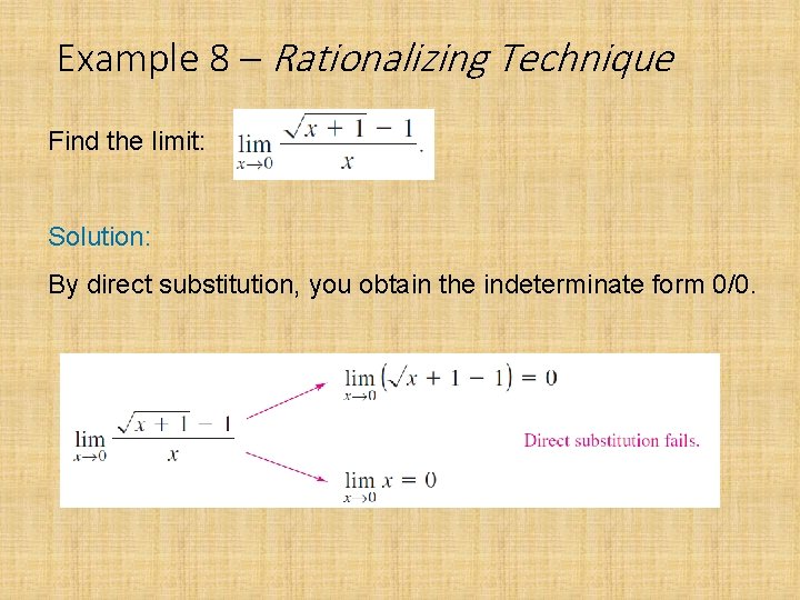 Example 8 – Rationalizing Technique Find the limit: Solution: By direct substitution, you obtain