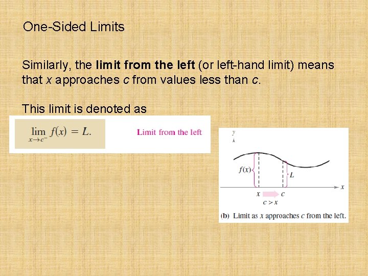 One-Sided Limits Similarly, the limit from the left (or left-hand limit) means that x