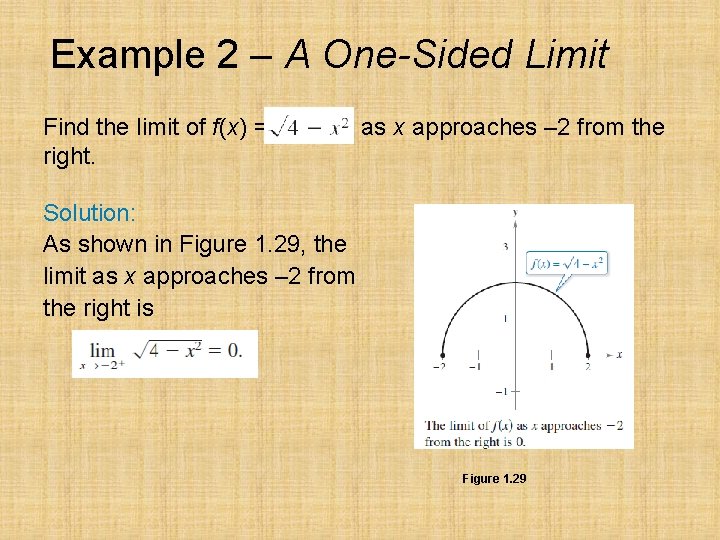 Example 2 – A One-Sided Limit Find the limit of f(x) = right. as
