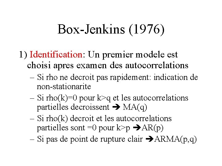 Box-Jenkins (1976) 1) Identification: Un premier modele est choisi apres examen des autocorrelations –